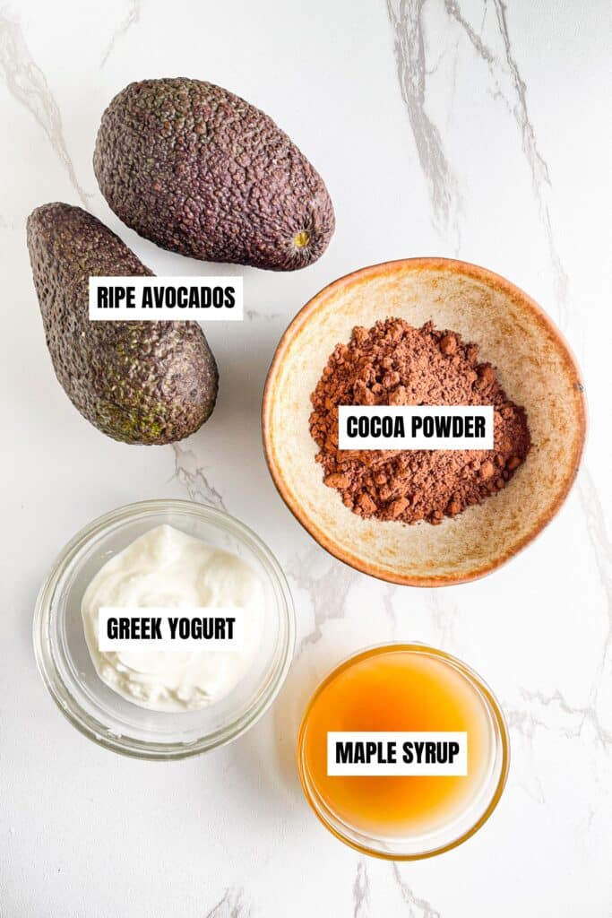 Chocolate avocado mousse ingredients – Ripe avocados, Greek yogurt, cocoa powder, maple syrup, vanilla extract, pinch of salt