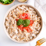 High Protein Cottage Cheese Pasta Sauce Served With Diced Tomatoes, Parmesan and Basil Leaves