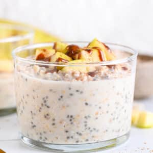 Creamy cottage cheese overnight oats with apple and nut butter as topping