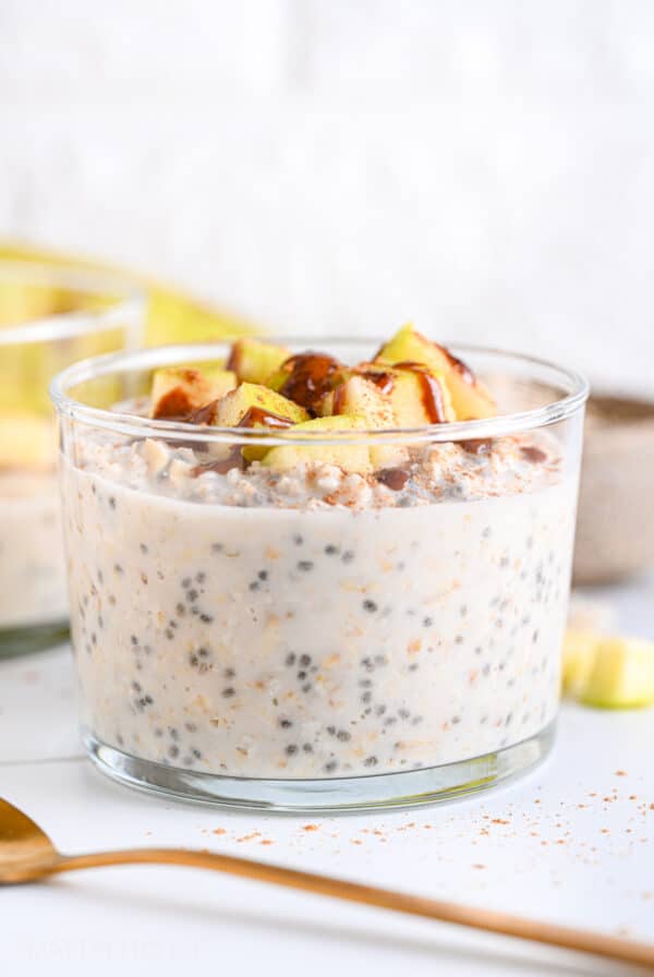 Creamy cottage cheese overnight oats with apple and nut butter as topping
