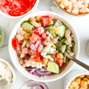 Beans and vegetables after mixing, ready to add Mediterranean salad dressing