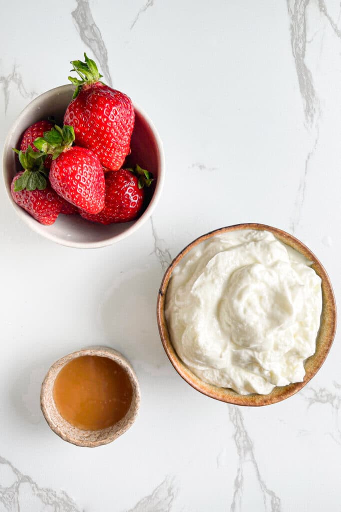 Ingredients in frozen yogurt &ndash; Frozen Greek yogurt, maple syrup or honey and strawberries