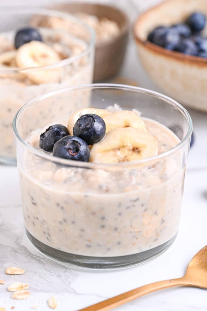 Protein overnight oats with sliced banana and fresh blueberries