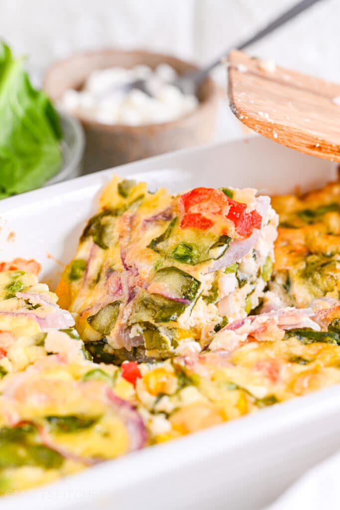 Close-up of high protein breakfast casserole with cottage cheese and spinach