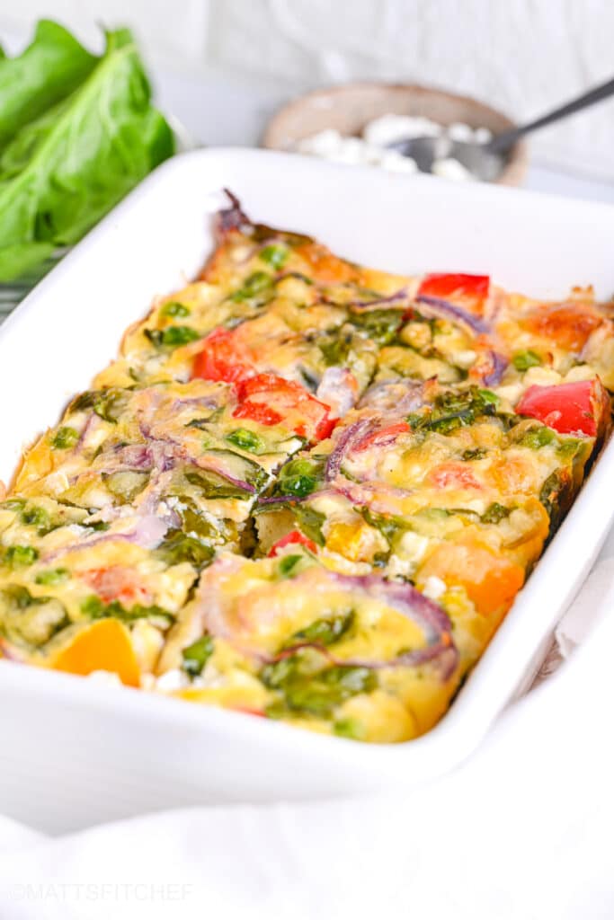 High protein breakfast casserole from front, sliced after baking