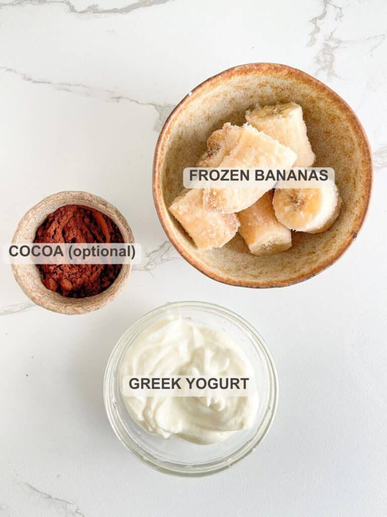 Low Calorie Ice Cream Ingredients &ndash; Frozen bananas, Greek yogurt and optional cocoa powder