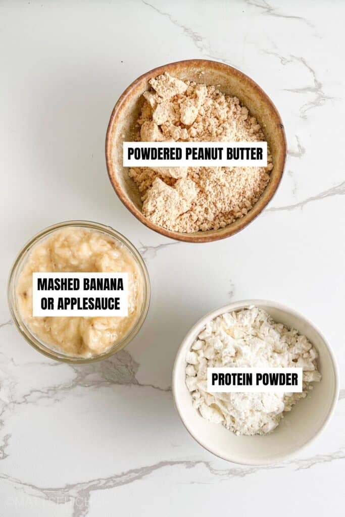 PB2 Protein Balls Ingredients &ndash; Powdered peanut butter, protein powder, mashed banana or applesauce
