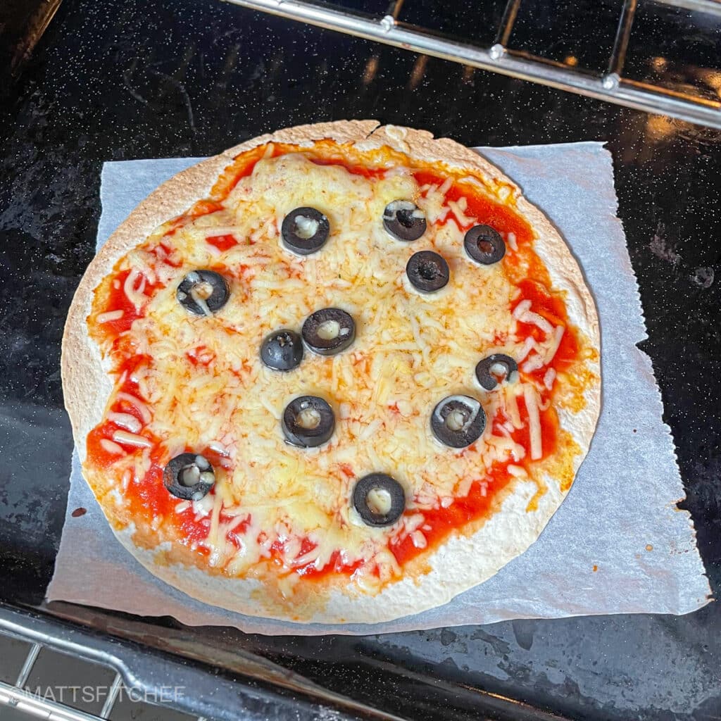 Crispy tortilla pizza, baked in oven