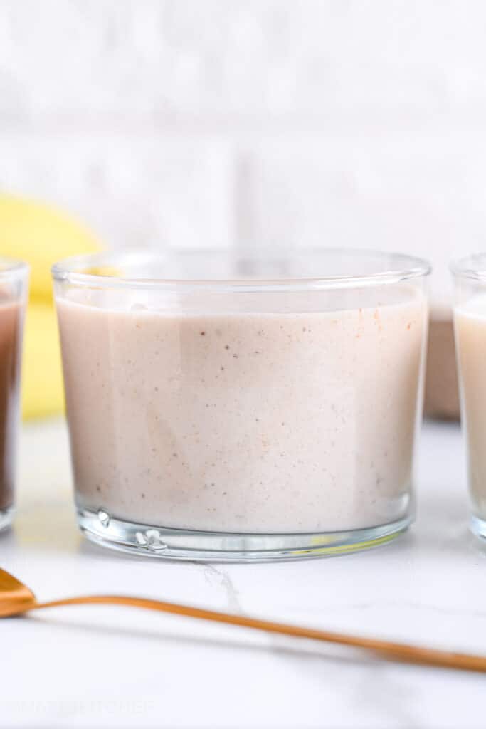 Close-up of shake with vanilla protein powder