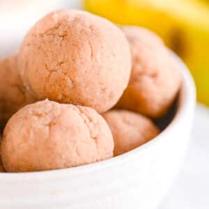 High protein oatmeal balls in white ceramic bowl, shown from close