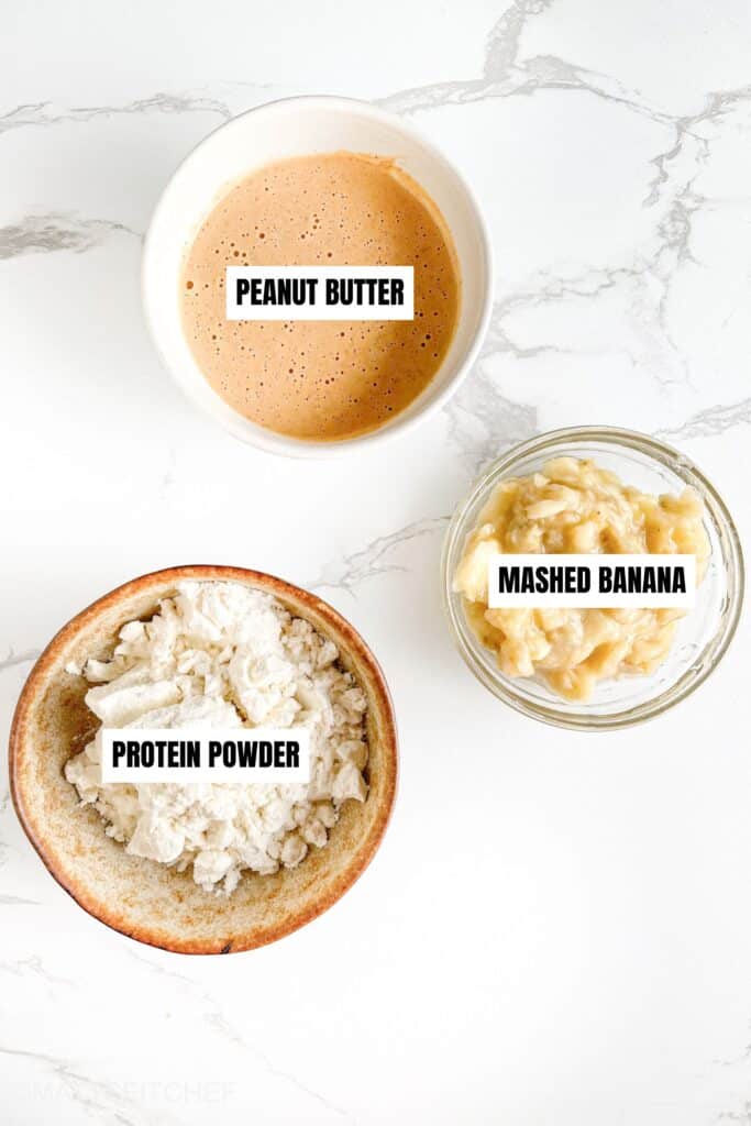 Banana protein balls ingredients &ndash;&nbsp;peanut butter, protein powder, mashed banana