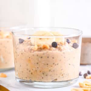 PB2 overnight oats topped with sliced banana and chocolate chips