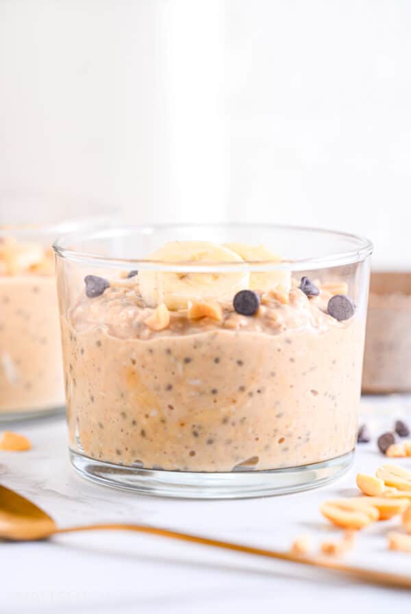 PB2 overnight oats topped with sliced banana and chocolate chips