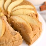 Closeup of moist slice of high protein apple cake made with Greek yogurt