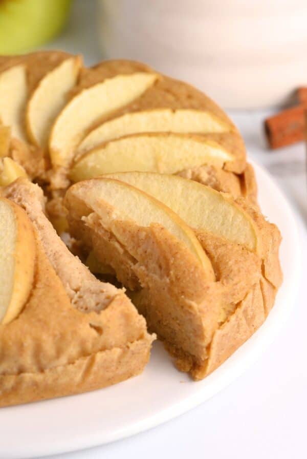 Closeup of moist slice of high protein apple cake made with Greek yogurt