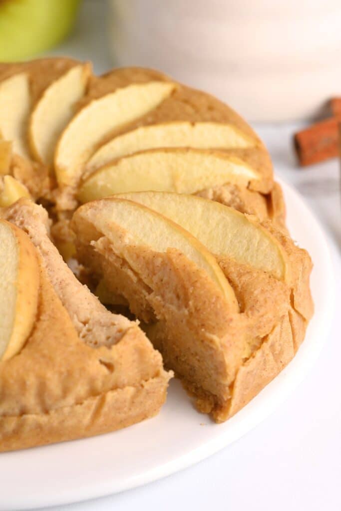 Closeup of moist slice of high protein apple cake made with Greek yogurt