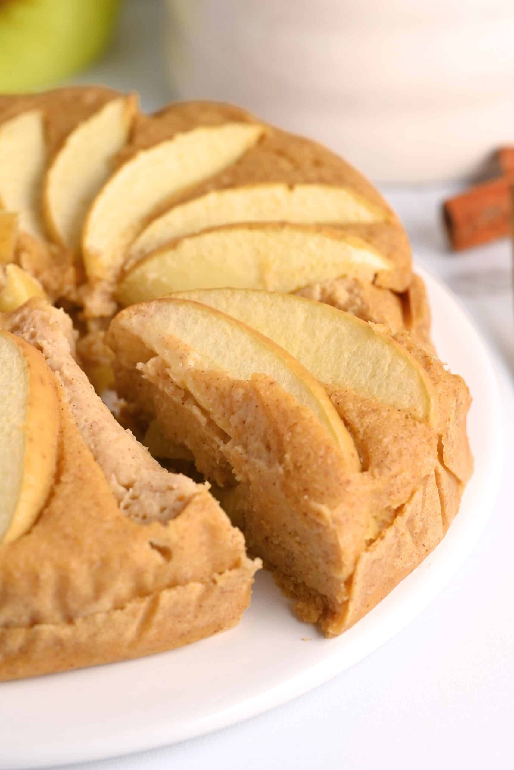 Closeup of moist slice of high protein apple cake made with Greek yogurt