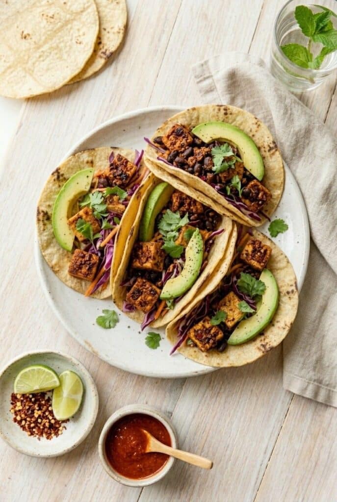 High protein tofu tacos with black beans and avocado for Vegan high protein meals